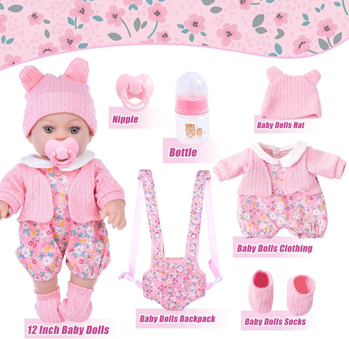 12" Set 3+ DOTVOSY Baby Doll with Clothes and Baby Carrier for Dolls Reborn Baby Doll Accessories Include Feeding