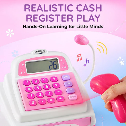 Ice Cream Store Mini Cash Register with Pretend Play Desserts, Working Scanner, Calculator, Microphone, Money