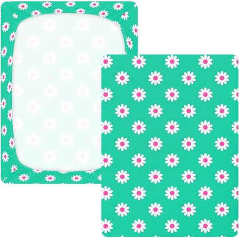 miaozhen 1 Pack 52x28 Cotton Baby Crib Sheets for Boys Girls Ultra Soft Daisy Flower Cyan White Crib Mattress Sheet