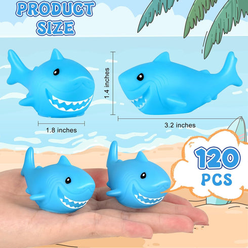 120 Pieces Blue Rubber Sharks - Cute Squeezable Bath Toys for Birthday Shower & Pool Party Favors