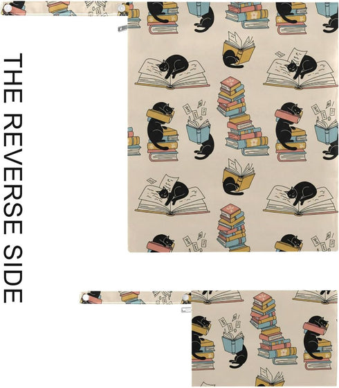 Burbuja 2 Pack, 2 Cat in Books Wet Dry Bags for Baby Cloth Diaper Waterproof Reusable Wet Bag with Zippered Pockets