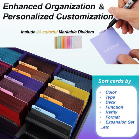 Venssu Card Storage Box for Trading Cards, 3000+ MTG Deck Box with 24 Colorful Divider Tabs (Black and Purple)