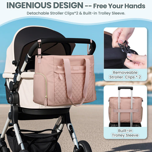 14 Inch Mommy Pritent Diaper Bag Tote for Working Mom, Large Travel Diaper Tote for Mom and Dad with Laptop Sleeve