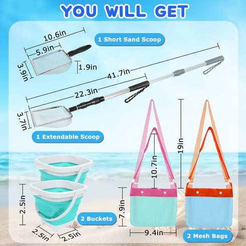 Fasouna 6 Pack Shelling Tools for Beach Include Seashell Bag, Shark Tooth Sifter Shovel Sand Scoop,Collapsible Beach