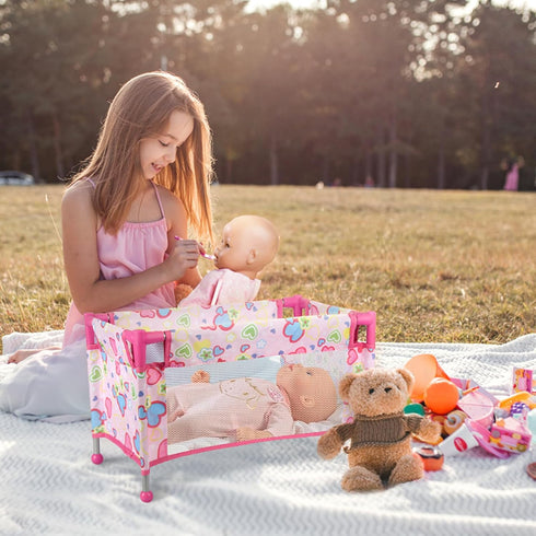 Toy Baby Doll Crib for 18'' Dolls, Cute Pink Heart Designed Baby Doll Bed with Carry Bag, Doll Furniture for Girls