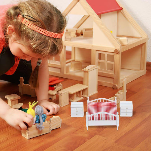 1: 12 Set Miniature Furniture Pink Double Bed Synthetic Material Dollhouse Furniture Baby Doll Accessories