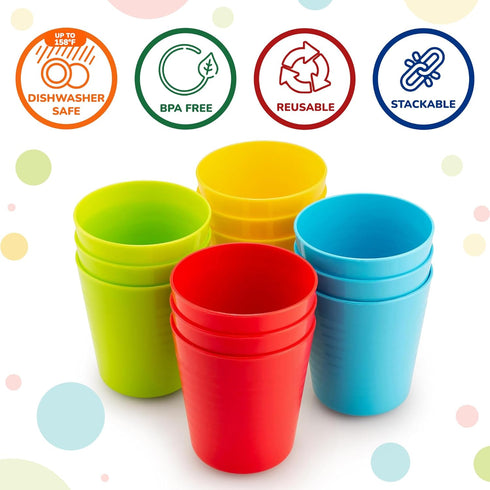 Kids Cups - Set of 12, 8 oz Reusable Plastic Cups, Dishwasher Safe, BPA-Free for Kids & Toddlers
