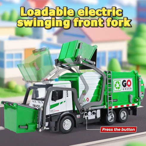 12'' Set 4 HOLYFUN Electric Garbage Truck with Front Loader/Metal Cab, Friction-Powered Recycling Vehicle