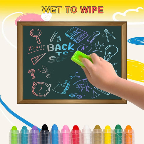 Set 12 Holder+12 Dustless Chalk for Kids, Chalks with Twistable Refills+Wet Wipe Eraser, Non-Toxic Washable Chalkboard