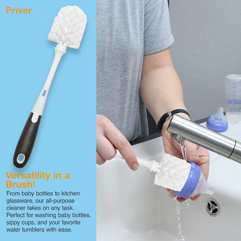 Baby Bottle Brush 2 pack Set - Baby Essentials Bottle Cleaner with Long Handle & Versatile Bottle Brushes for Cleaning - Baby Must Haves Portable Bottle Brush Cleaner - White