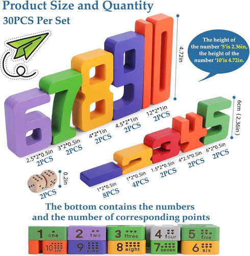 Lasoba 1-10, 30 3 Wooden Number Building Blocks, Large Digit Blocks Pcs Math Blocks Number Toys for Kids, Educational