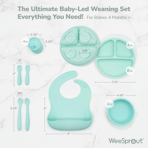 WeeSprout Baby Led Weaning Bundle, Silicone Suction Bowl, Spoons, Bib & Cup, Develops Self Feeding Skills, Dishwasher