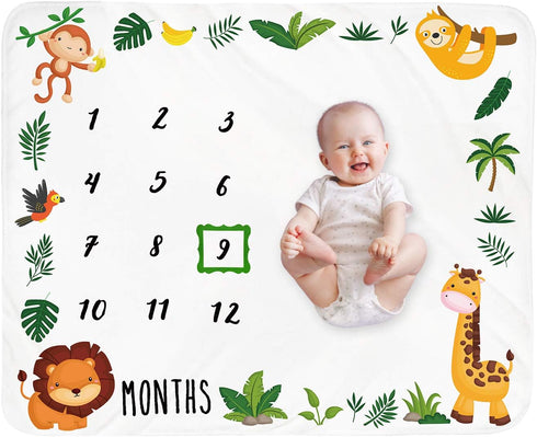 Baby Monthly Milestone Blanket Boy, Jungle Animals Newborn Month Blanket for Personalized Safari Nursery Decor