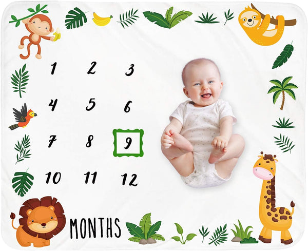 Baby Monthly Milestone Blanket Boy, Jungle Animals Newborn Month Blanket for Personalized Safari Nursery Decor