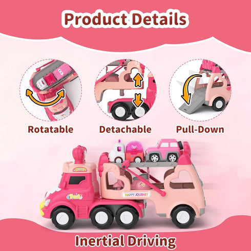 2 3 7-in-1 2-4, Toddler Girl Truck Toys for Year Old Girl Birthday Gifts, Pink Princess Car Transport Carrier Trucks