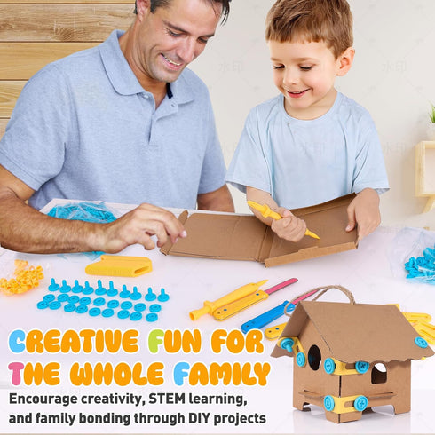 Zentara Set, 232-Piece Kids Cardboard Tool STEM Building Kit with Safe Wooden Cutter, Reusable Bolts & Nuts, Hinges