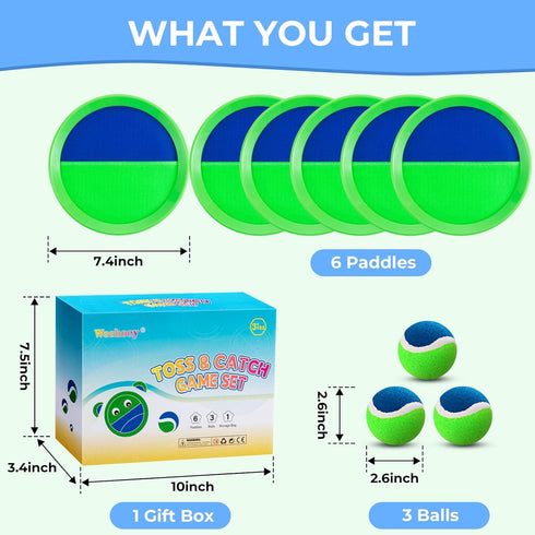Kids Toys - Outdoor Games for Kids, Toss and Catch Ball Set with 6 Paddles & 3 Balls, Birthday Gifts
