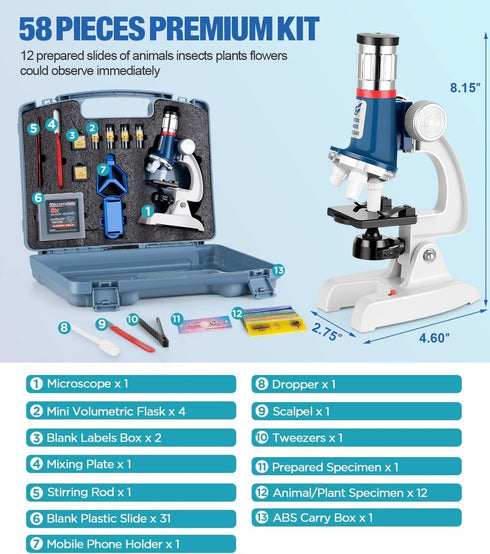 58-Piece Kids Microscope Kit - 100X-1200X Magnification with LED Light and Carrying Box for Ages 5-12