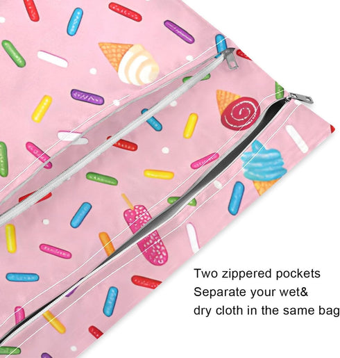 Haskirky 2 Ice Pream with Sprinkles Pcs Cloth Diaper Wet Dry Bags,Waterproof and Washable Bag for Travel Reusable Wet