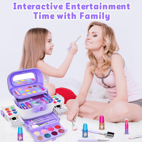 Hollyhi 58 Pcs Kids Makeup Kit for Girl - Real Washable Cosmetic Set with Mirror, Princess Toys, Play Make Up Birthday