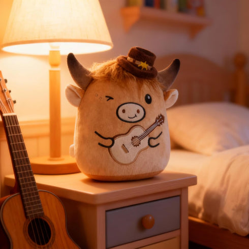8 Inch Country Highland Cow Stuffed Animal, Cute Cow Plush Toy with Guitar and Cowboy Hat, Soft Kawaii Plushie Pillow