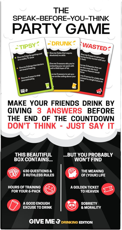 GIVE ME 3 Drinking Game - Fast Paced Hilarious Adult Drinking Games for 2+ Players, 10 Second Rule Card Game