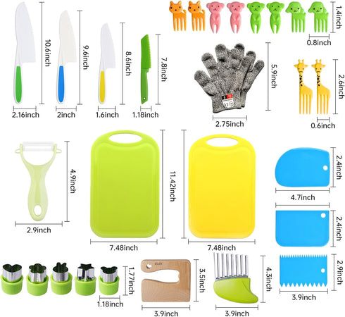 Kids Knife Set for Real Cooking - 4 Plastic Safe Knives, Crinkle Cutter, Y Peeler, Cutting Boards, Kitchen Gloves,