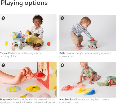 Taf Toys Sensory Baby Tissue Box - Montessori Square Sensory Toys with Colorful Pull Scarves, Play Balls, and Cards.