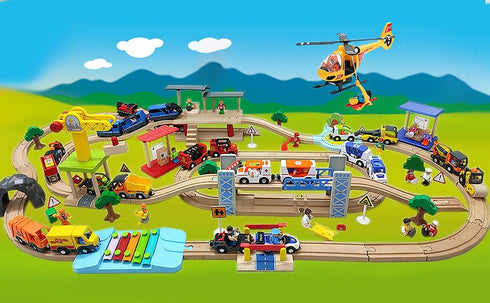 DSHMIXIA Set 3-5-7 Wooden Train Cars Track Accessories Plane Toy with Light and Sound for Train Toys for Boys Girls