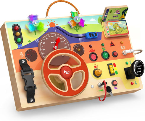 Montessori Wooden Busy Board with Steering Wheel & Driving Toys - Sensory