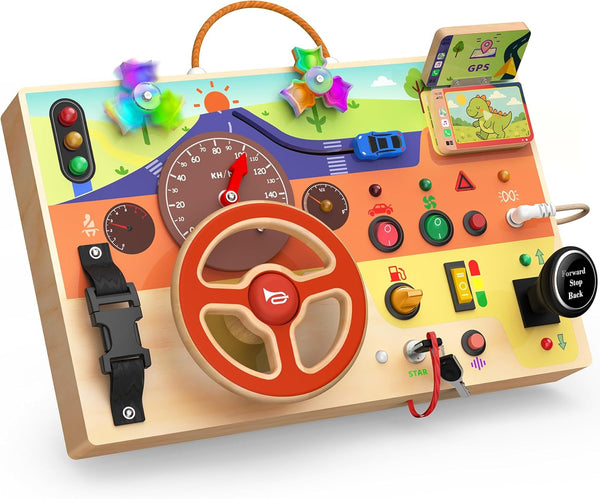 Montessori Wooden Busy Board with Steering Wheel & Driving Toys - Sensory