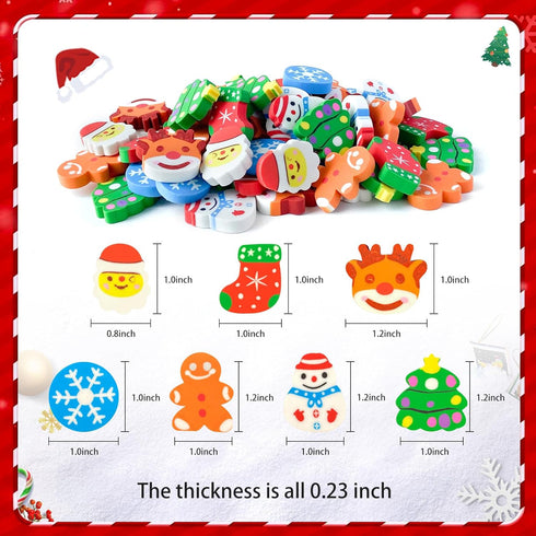 Kleeblatt Large Christmas Erasers for Kids, 63 PCS Bulk Cute Classroom Gifts and Holiday Party Favors