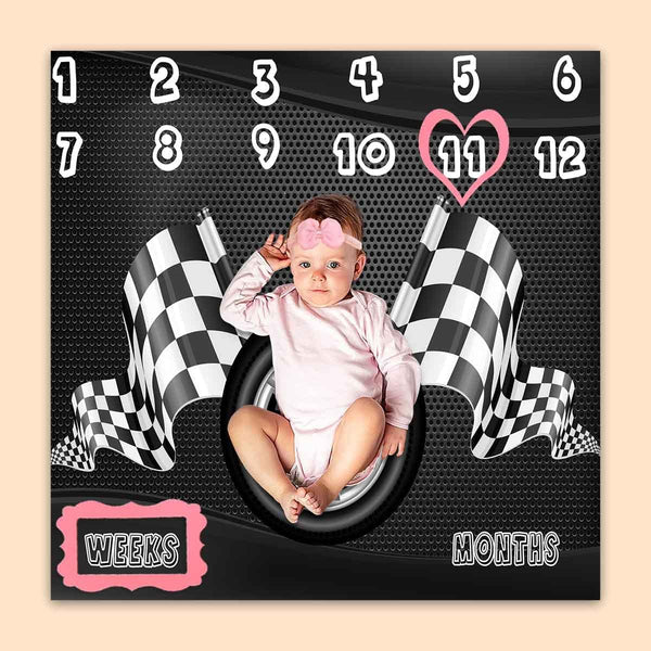 Racing Baby Monthly Milestone Blanket, Boy Racer Car Tires, Unisex 1 to 12 Months, Includes 4 Frames & 1 Headband