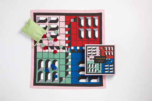 Galison Jonathan Adler Arcade Classic Bandana Game from Galison - Featuring Chic Printed Cotton Bandana Game Board, Includes 16 Wooden Game Pieces, 2 Dice, 1 Cotton Drawstring Pouch and Instructions