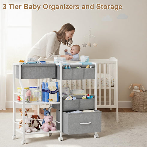Novvia 3 Baby Diaper Caddy Organizer and Storage, Tier Rolling Cart with Dividers and Drawers, Mobile Utility Cart