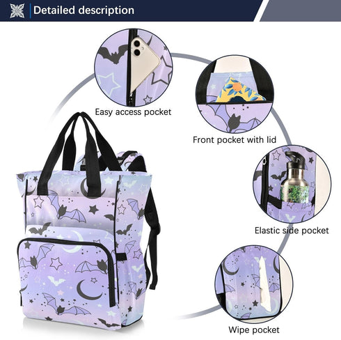 Jihqo Backpack 10L Diaper Bag Cute Bats Starry Sky Travel Diaper Bags for Women, Functional Baby Changing Bag