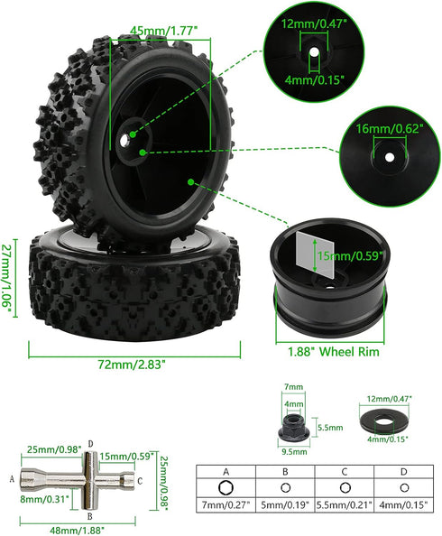 4 Pcs 1/10 On-Road Wheels and Tires, 12mm Hex Black Hard Dish Wheel and Rally Block Tyre for Street Racing