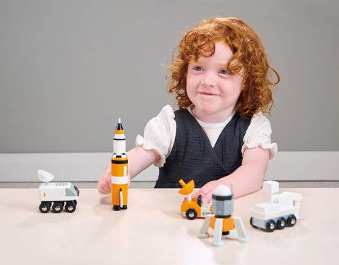 Tender Leaf Toys - Space Voyager Set, 7 Piece Solid Wood Space Vehicle Set with Moving Parts for Imaginative Play, Age