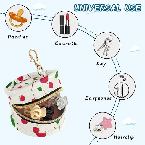 Red Cherries Round Pacifier Storage Case with Zipper, Portable Pacifier Case for Travel, Diaper Bag & Purse, Pacifier