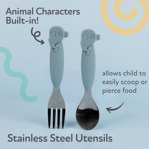 Nuby Animal Friends Silicone and Stainless Steel Fork and Spoon Set for 12+ Months, Blue Whale Design