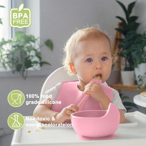 Set Silicone Baby Feeding | Baby Led Weaning Supplies Includes Suction Bowls and Divided Plates, Adjustable Bib, Baby
