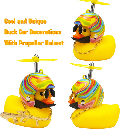 wonuu Rubber Duck Car Ornaments, Cool Yellow Duck Dashboard Decorations with Squeaky Glasses and Propeller Helmet