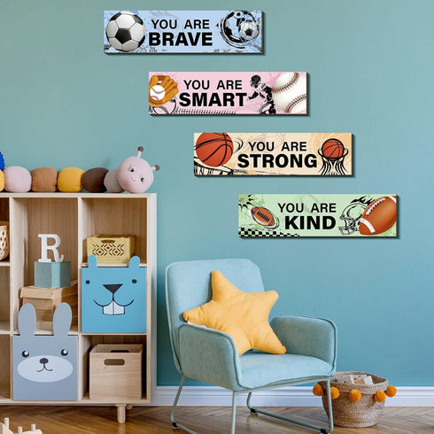 4 Geetery Pcs Sport Bedroom Wall Decor Boys Room Decor for Kids Soccer Basketball Baseball Football Wall Art