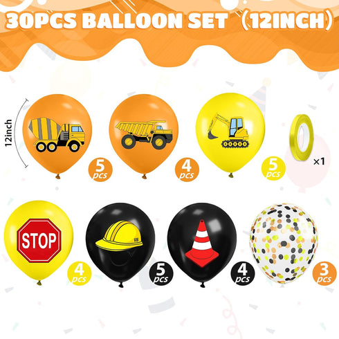 12 Inch Construction Balloons, Black Yellow Orange Confetti Truck Construction Party Latex Balloons for Boy Excavator