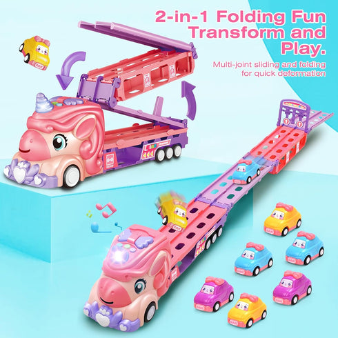 Zlreswer 3 4 5 6 7 3+ Car Toys for Year Old Toddler Girl, Toys Truck & Foldable Race Track Car Toys with Light & Sound