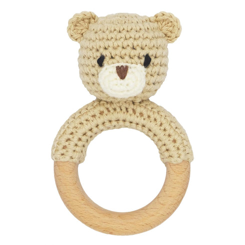 Safari Animals Wooden Baby Rattle Toys, Stuffed Crochet Rattle with Teether Ring for Newborn, Beige Bear