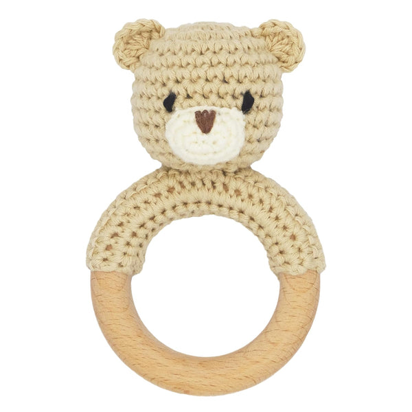 Safari Animals Wooden Baby Rattle Toys, Stuffed Crochet Rattle with Teether Ring for Newborn, Beige Bear