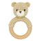 Safari Animals Wooden Baby Rattle Toys, Stuffed Crochet Rattle with Teether Ring for Newborn, Beige Bear