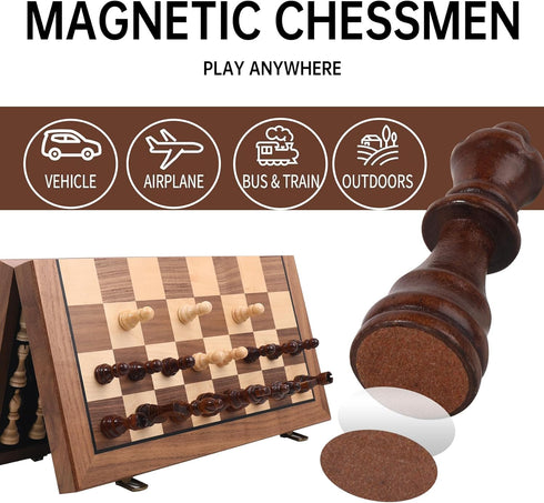 Ajedrez Set, 15" 2 Magnetic Wooden Chess Walnut Folding Chess Board with Handcrafted Pieces Extra Queens, Portable