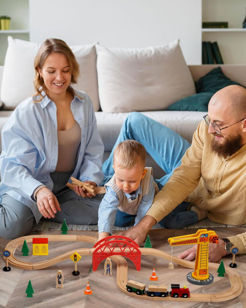 Set 41pcs 3+ SainSmart Jr. Wooden Train for Toddler, Wood Train Track w/Crane Fits Brio, Thomas, Melissa and Doug, Kids